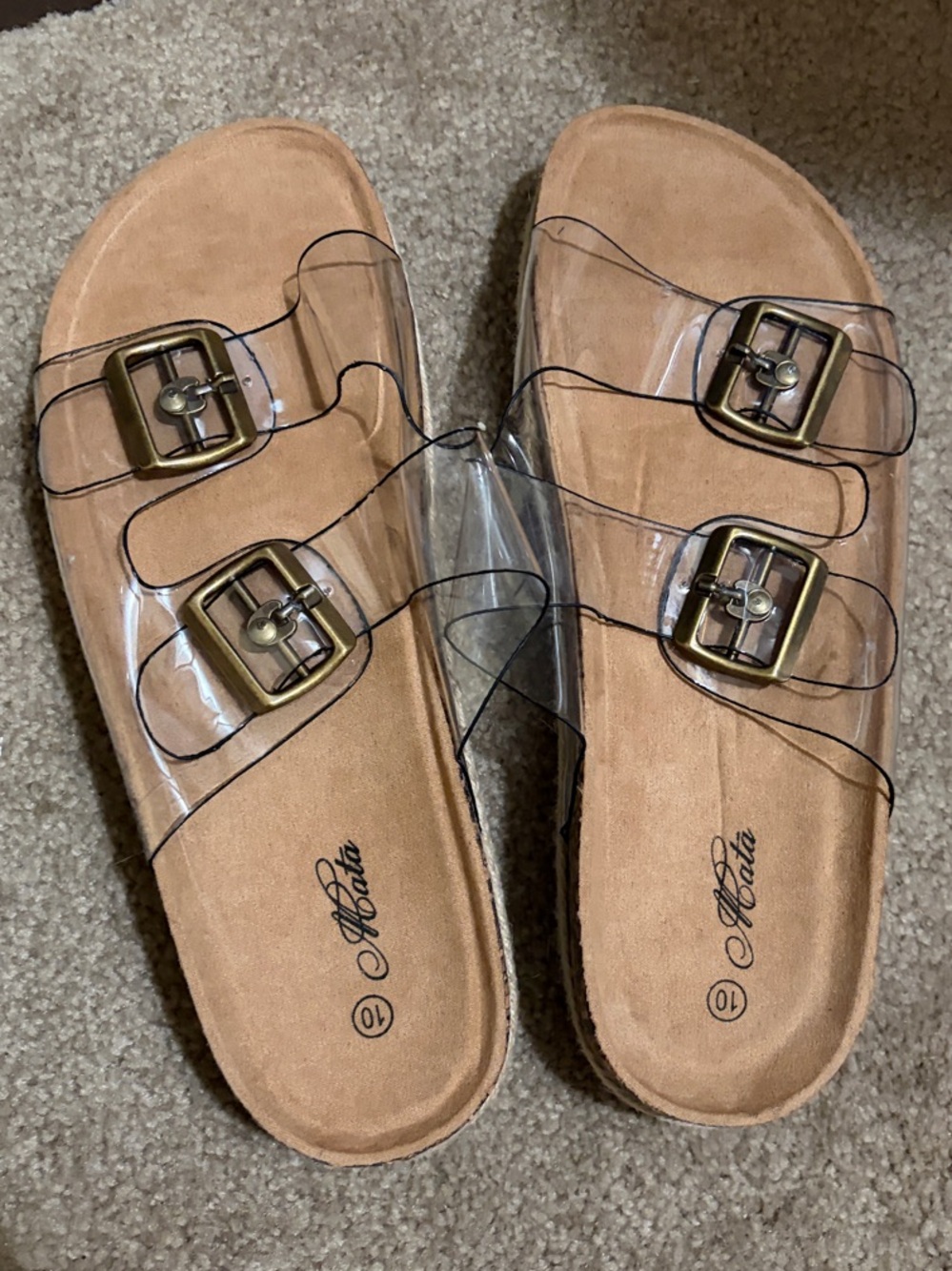 NWOT Clear Double-Buckle Slide Sandals in Tan